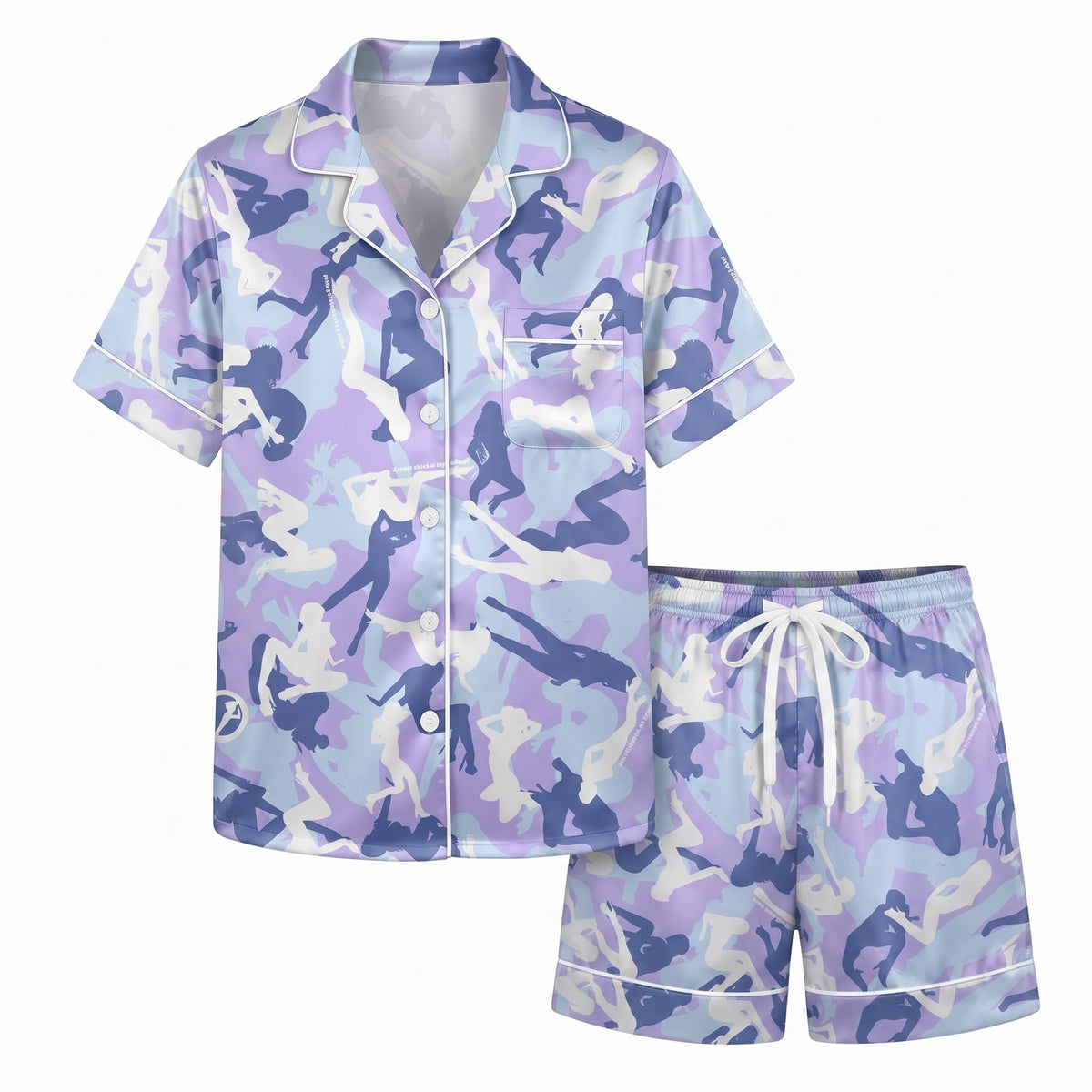 Cute Purple Camo Silk Satin Pajama Set, Pin Up Girl Pattern Lounge Set, Y2K Aesthetic Sleepwear, Gift for Friends Sister