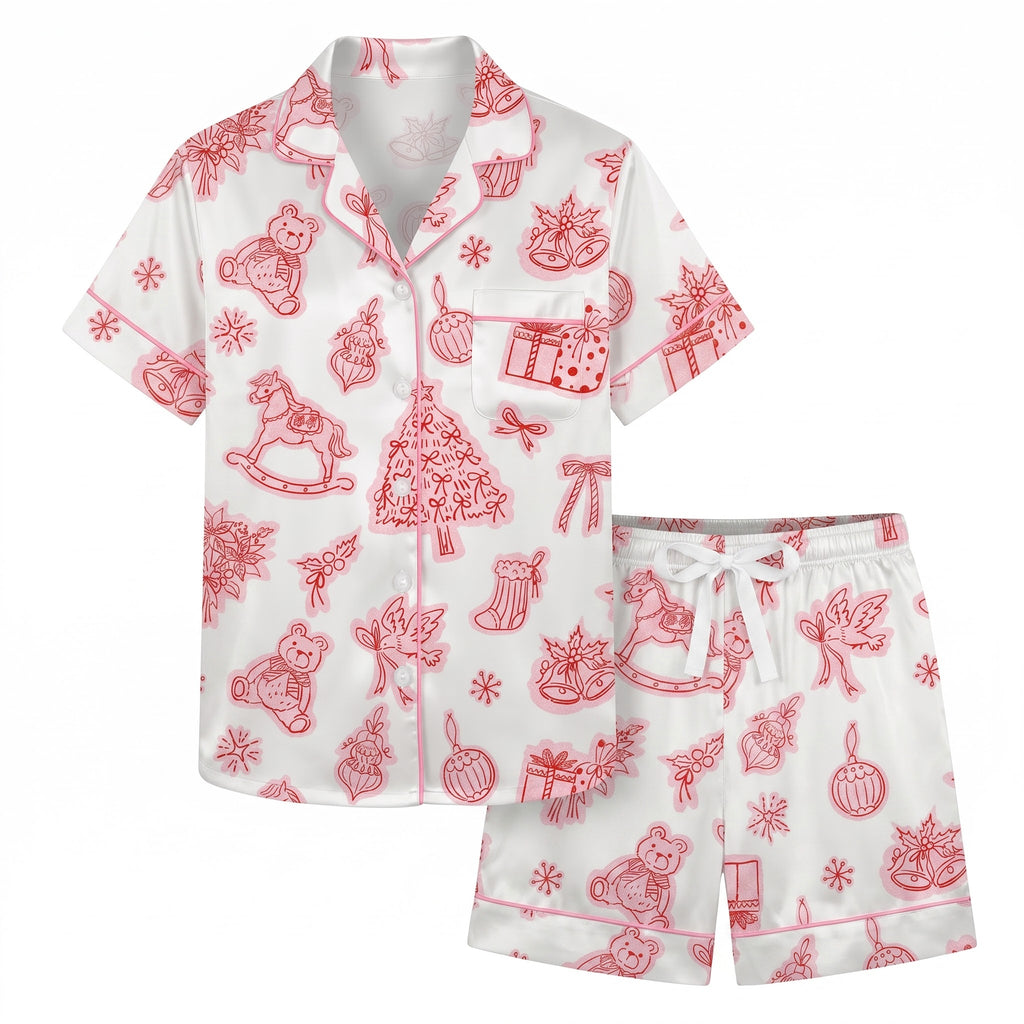 Pink Christmas Pajama Set, Vintage Holiday Satin Lounge Set, Coquette Xmas Sleepwear PJS, Christmas Gift for Her Women
