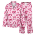 Pink Bow Short Pajama Set, Coquette Striped Satin Short Set, Summer Pink Ribbon Sleepwear PJS, Gift for Her Women