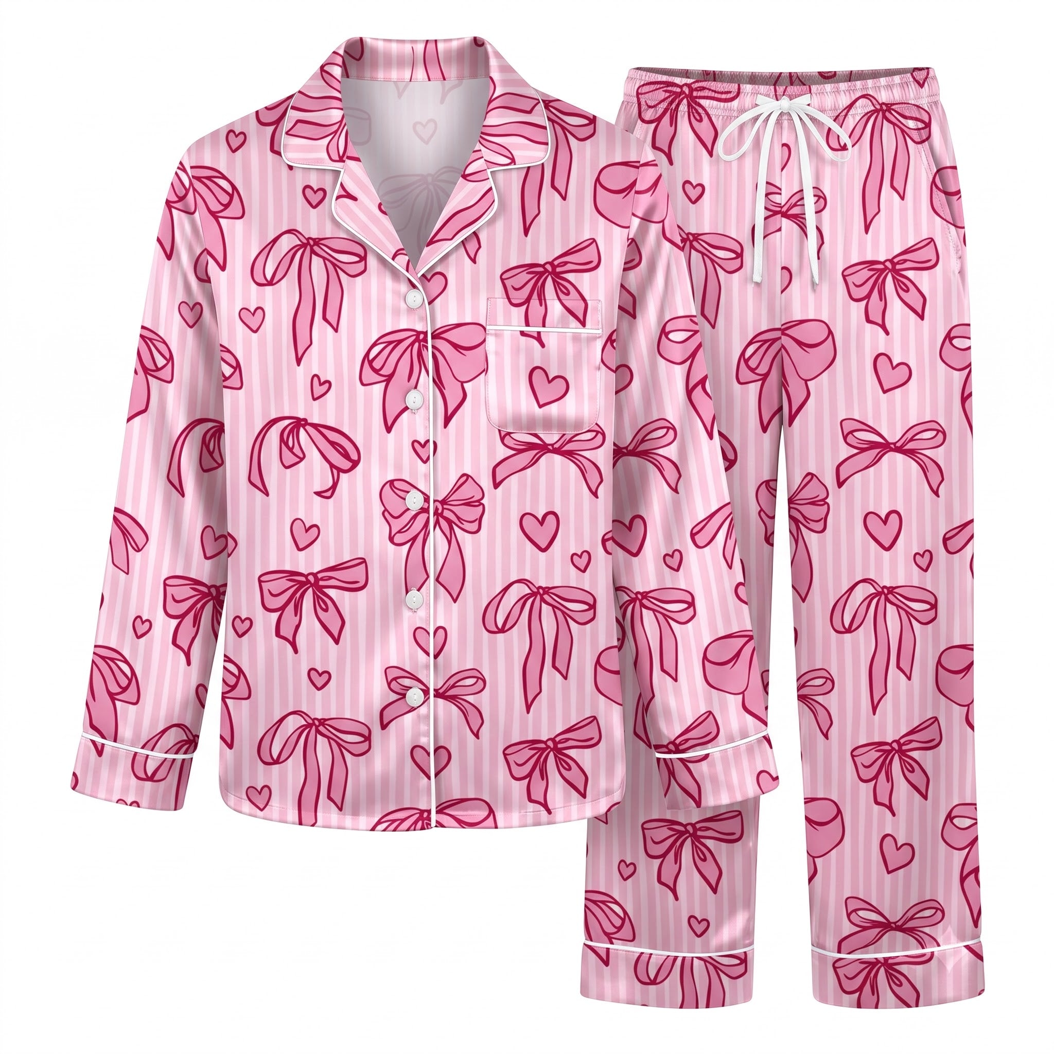 Pink Bow Short Pajama Set, Coquette Striped Satin Short Set, Summer Pink Ribbon Sleepwear PJS, Gift for Her Women