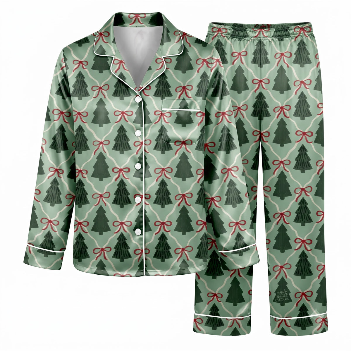 Green Christmas Tree Satin Pajama Set, Coquette Red Bow Silk Sleepwear, Holiday Button Down Pjs, Christmas Gift for Her