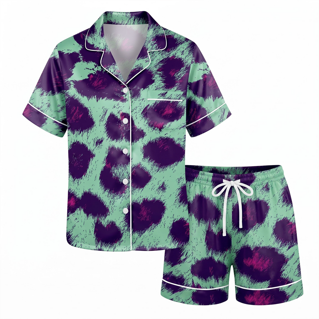 Colorful Leopard Pajama Set, Mint Purple Cheetah Satin Lounge Set, Retro Y2K Animal Print Sleepwear PJS, Gift for Her Women
