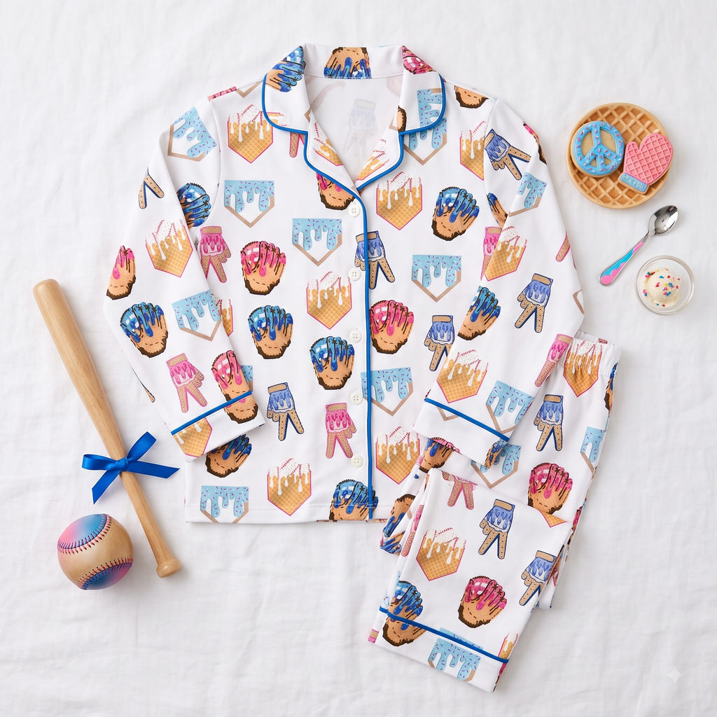 Baseball Satin Pajama Set, Cute Baseball Ice Cream Silk PJs , Sports Lover Sleepwear, Game Day Gift for Her