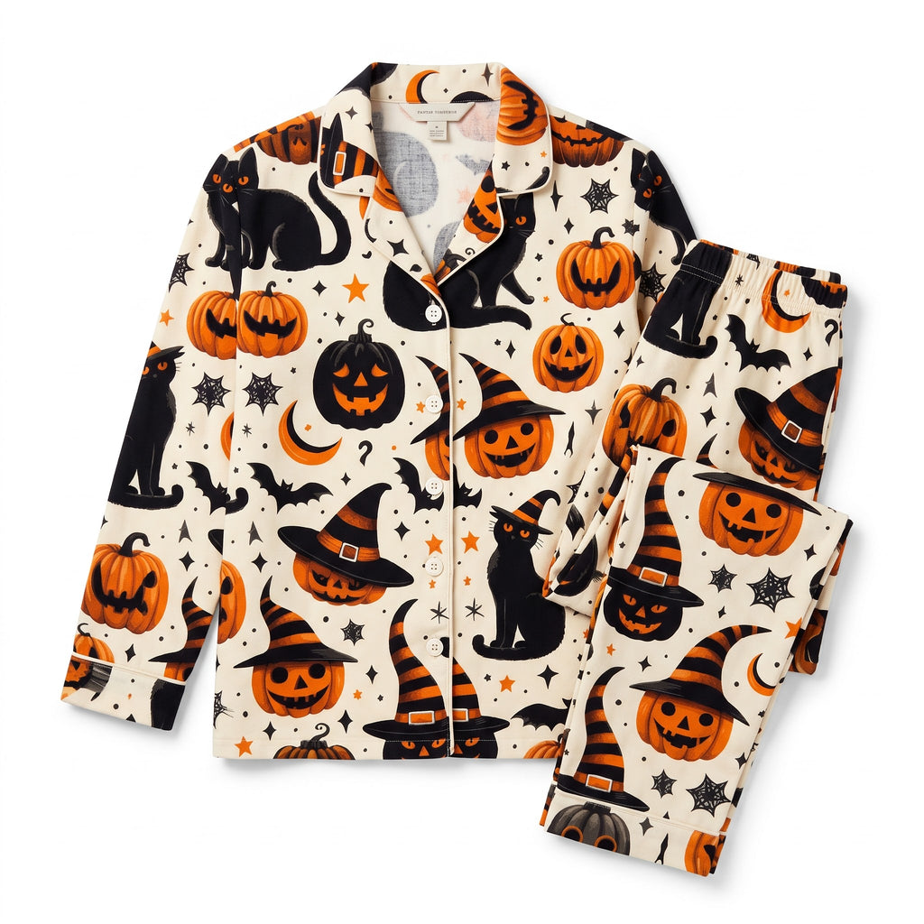 Vintage Halloween Black Cat Satin Pajama Set, Witch Pumpkin Silk PJs, Spooky Cute Sleepwear, Halloween Gift for Her