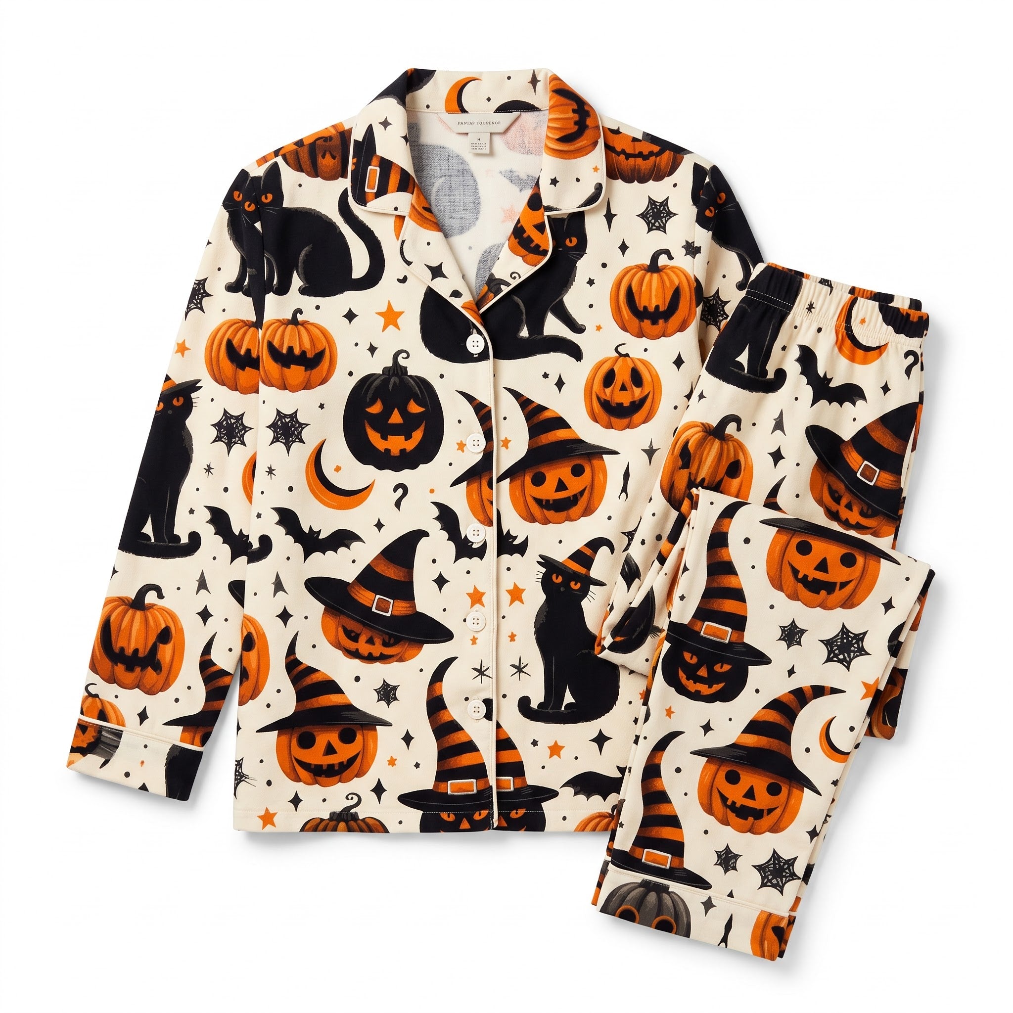 Vintage Halloween Black Cat Satin Pajama Set, Witch Pumpkin Silk PJs, Spooky Cute Sleepwear, Halloween Gift for Her