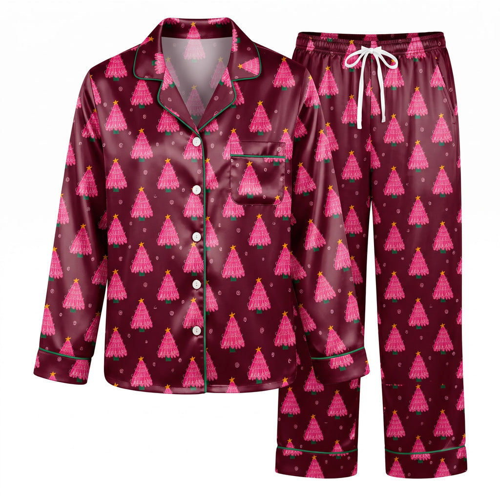 Pink Christmas Tree Pajama Set, Women’s Holiday Satin Sleepwear, Burgundy Xmas PJs