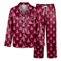 Pink Christmas Tree Pajama Set, Women’s Holiday Satin Sleepwear, Burgundy Xmas PJs