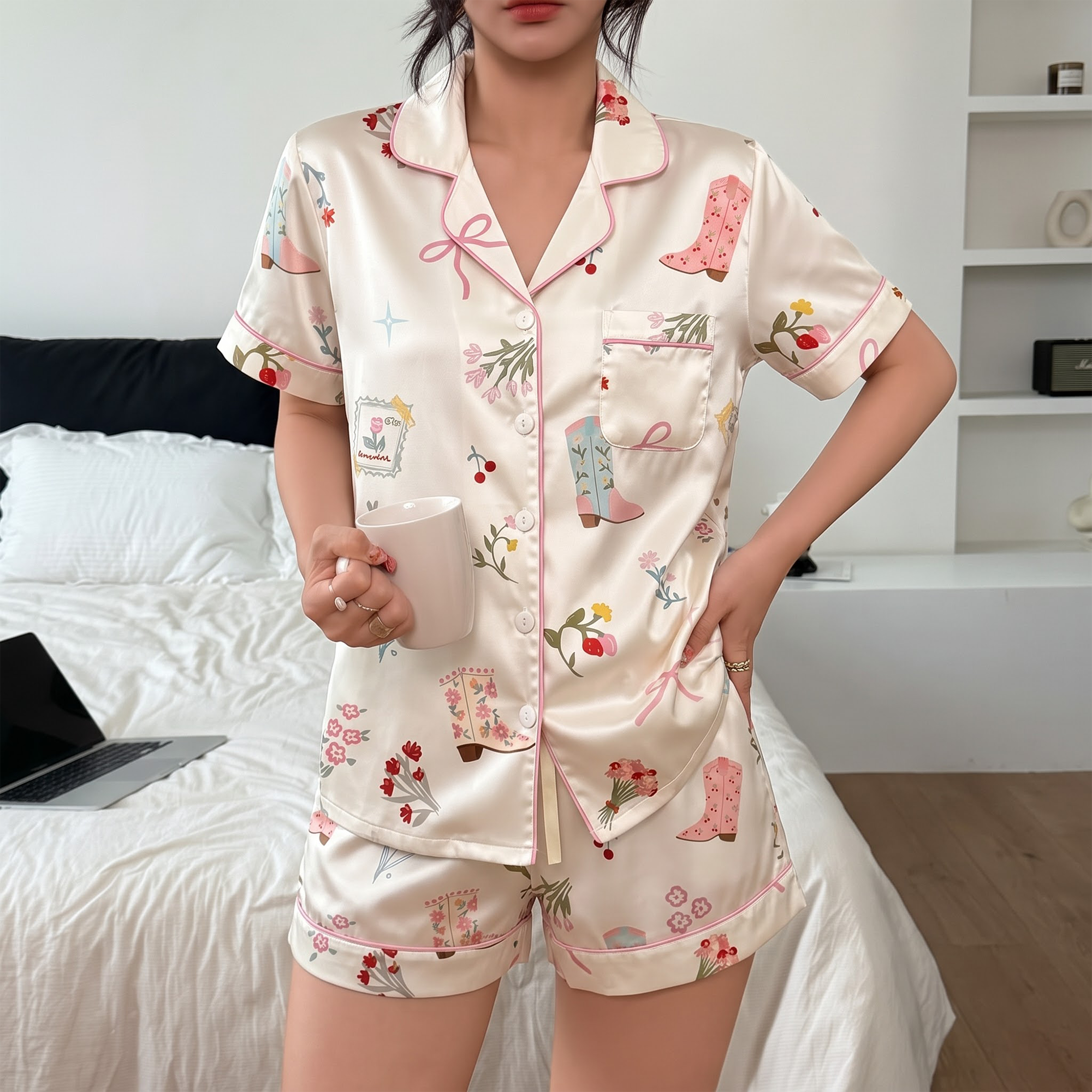 Coquette Cowboy Boot Satin Pajama Set, Pink Floral Silk Sleepwear, Cottagecore Bow Lounge Set, Romantic Gift for Her
