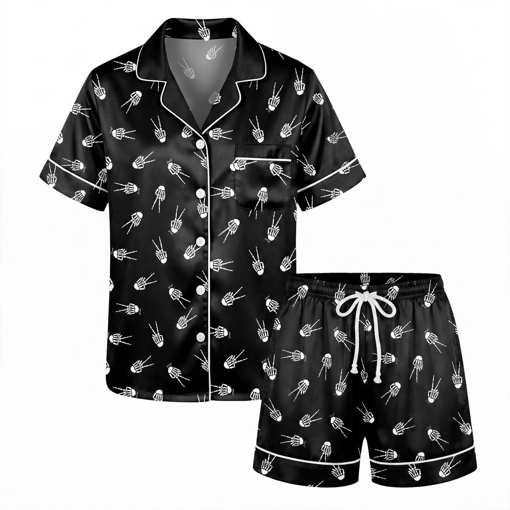 Skeleton Hand Pajama Set, Black Satin Peace Sign Silk PJs, Gothic Spooky Halloween Sleepwear, Gift for Her Wife Girlfriend