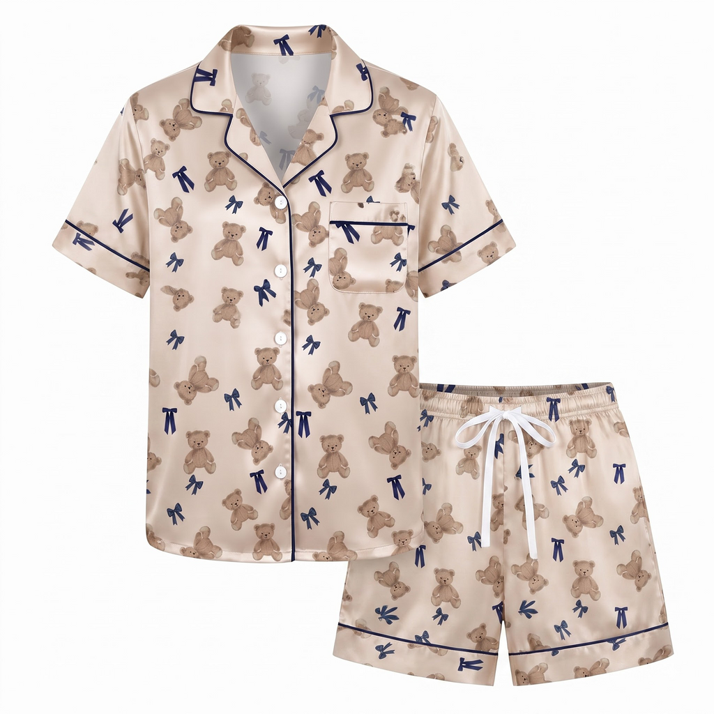 Teddy Bear Pajama Set, Coquette Navy Bow Satin Lounge Set, Cute Teddy Bear Sleepwear PJS, Birthday Gift for Her Women