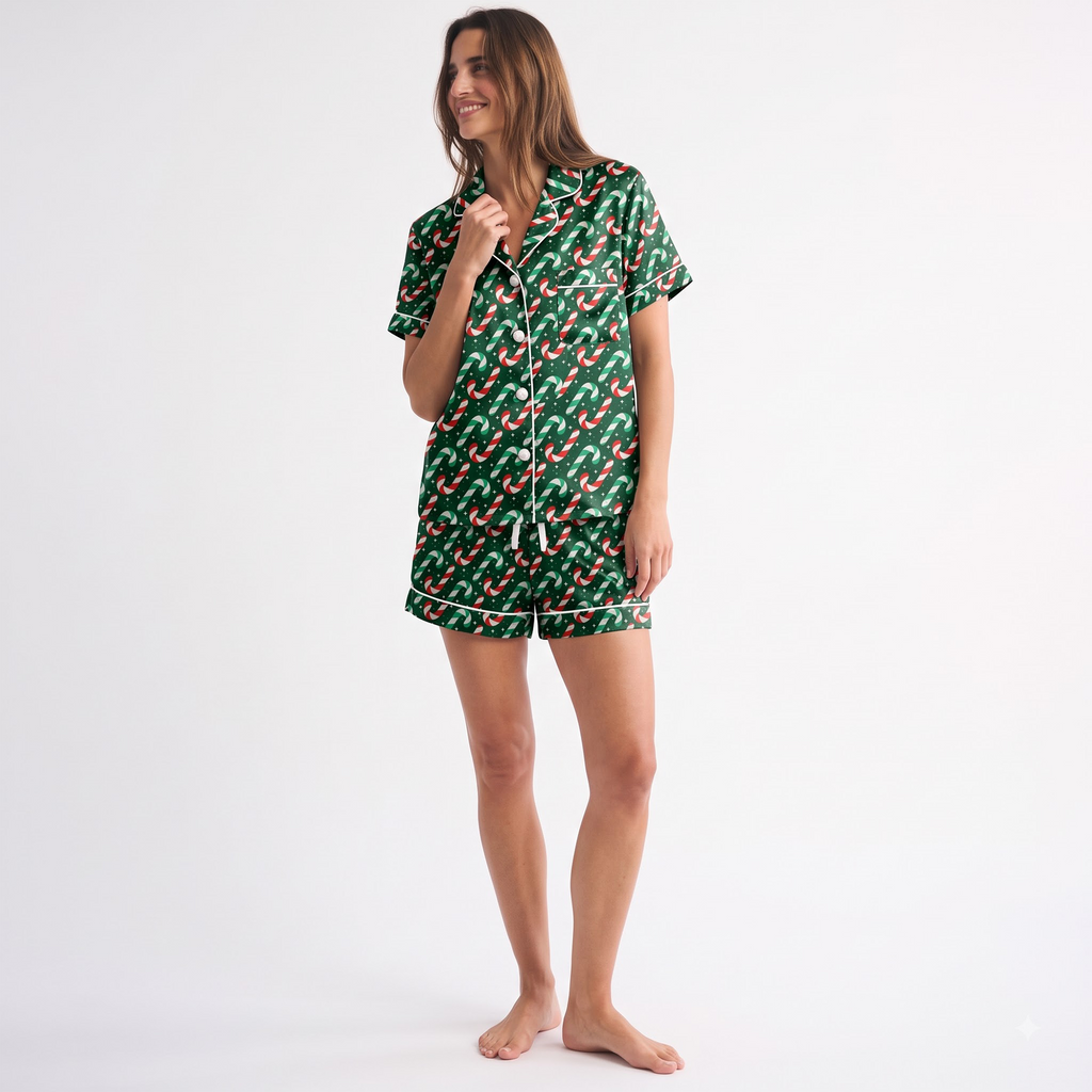 Christmas Candy Cane Satin Pajama Set, Green Holiday Pajamas, Red White Peppermint PJs, Festive Christmas Sleepwear, Holiday Gift