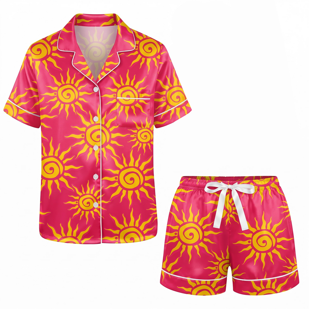 Tangled Sun Satin Pajama Set, Rapunzel Corona Sun Silk Sleepwear, Pink Sunshine Lounge Set, Disney Princess Gift for Her