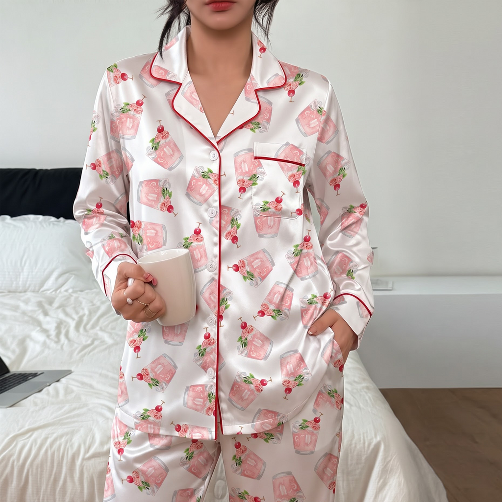 Pink Cocktail Satin Pajama Set, Cherry Drink Silk Sleepwear, Happy Hour Lounge Set, Bachelorette Party Gift for Her
