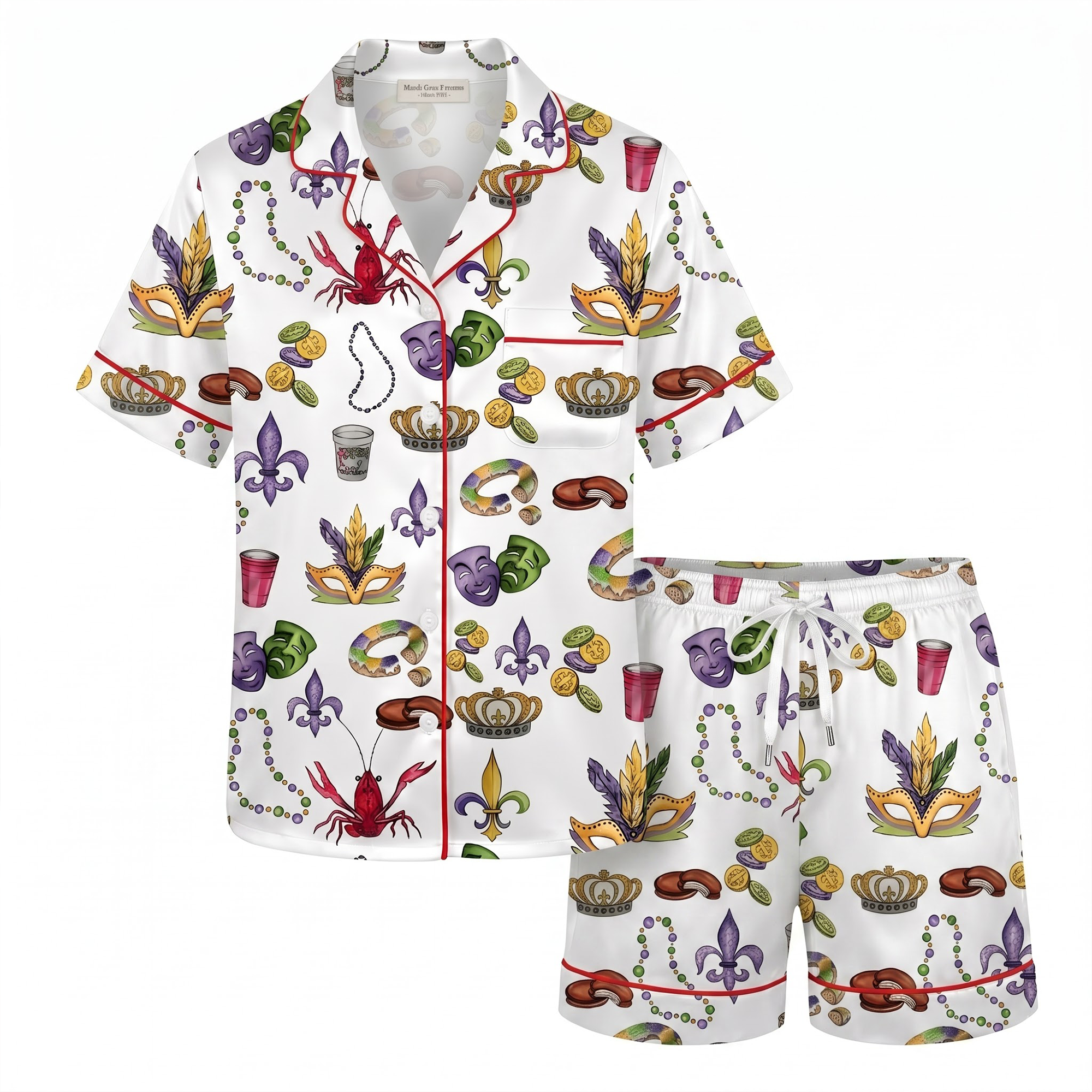 Mardi Gras Satin Pajama Set, New Orleans Crawfish Silk Sleepwear, Masquerade King Cake Lounge Set, Festival Gift for Her