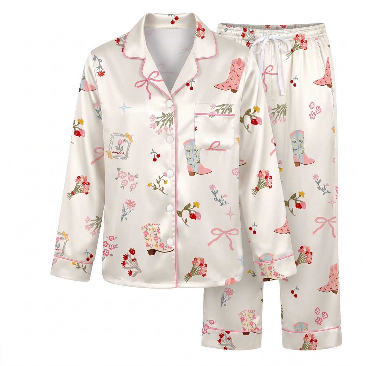 Coquette Cowboy Boot Satin Pajama Set, Pink Floral Silk Sleepwear, Cottagecore Bow Lounge Set, Romantic Gift for Her
