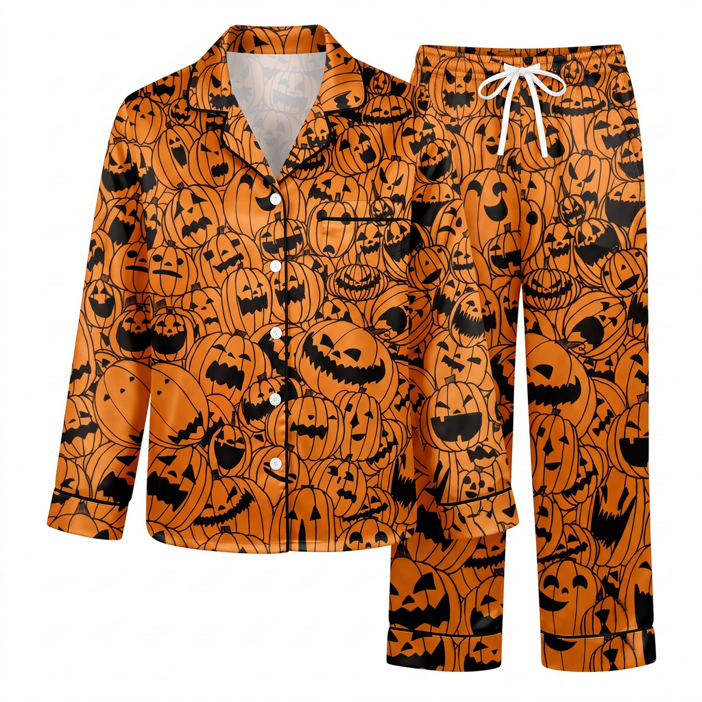 Orange Pumpkin Satin Pajama Set, Halloween Jack o Lantern Silk Sleepwear, Spooky Button Down Long Sleeve Pjs, Halloween Gift for Her