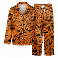 Orange Pumpkin Satin Pajama Set, Halloween Jack o Lantern Silk Sleepwear, Spooky Button Down Long Sleeve Pjs, Halloween Gift for Her