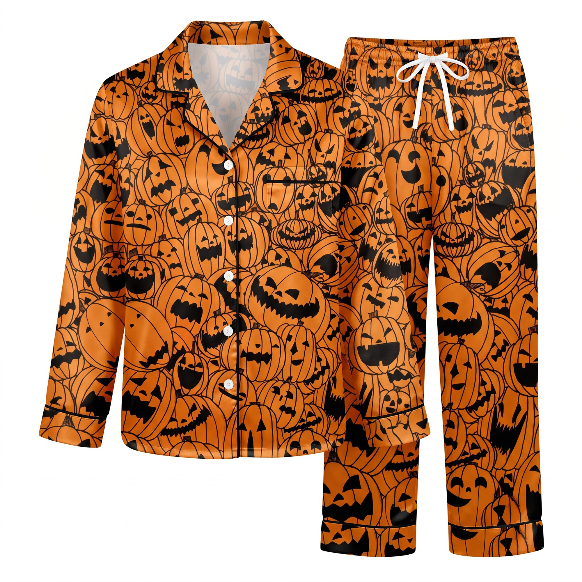 Orange Pumpkin Satin Pajama Set, Halloween Jack o Lantern Silk Sleepwear, Spooky Button Down Long Sleeve Pjs, Halloween Gift for Her