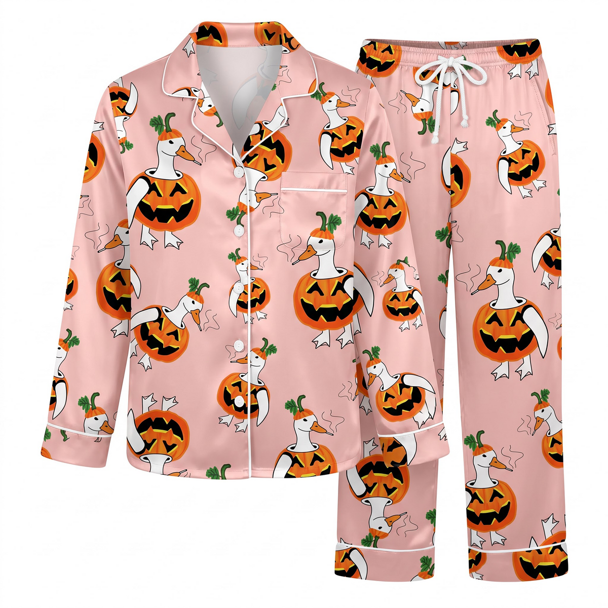 Pink Pumpkin Goose Pajama Set, Funny Smoking Duck Satin Lounge Set, Cute Halloween Sleepwear PJS, Halloween Gift for Her