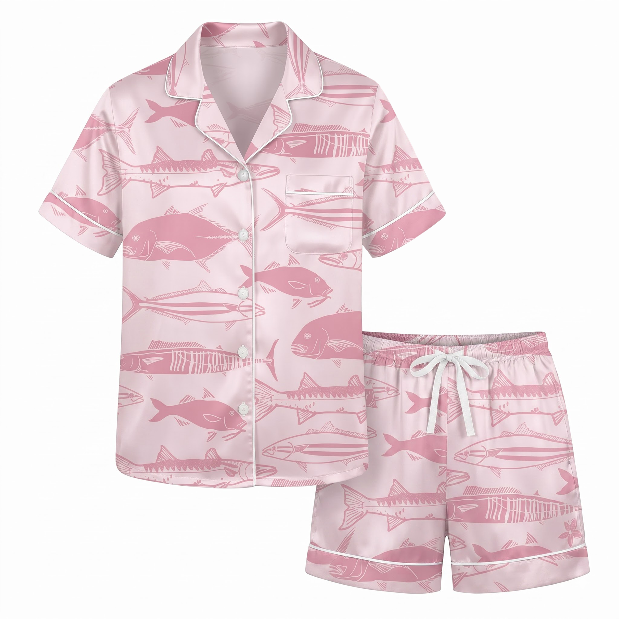 Pink Fish Pajama Set, Coastal Ocean Satin Lounge Set, Preppy Beach Sleepwear PJS, Vacation Gift for Her Women