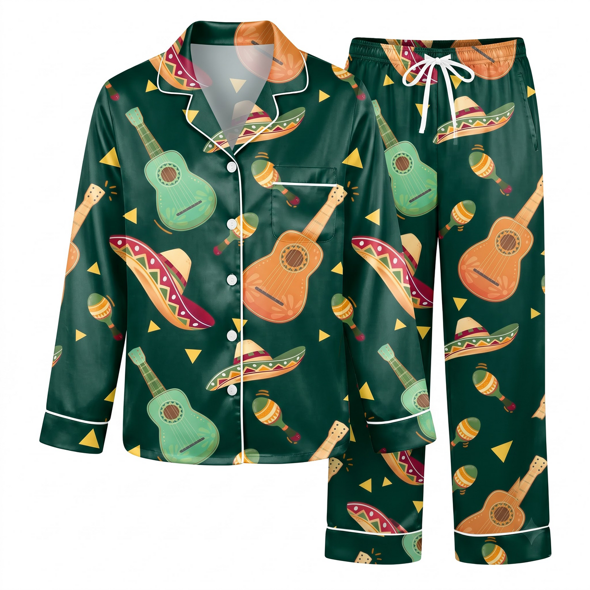 Mexican Fiesta Pajama Set, Green Guitar Sombrero Lounge Set, Cinco De Mayo Sleepwear PJS, Gift for Her Women
