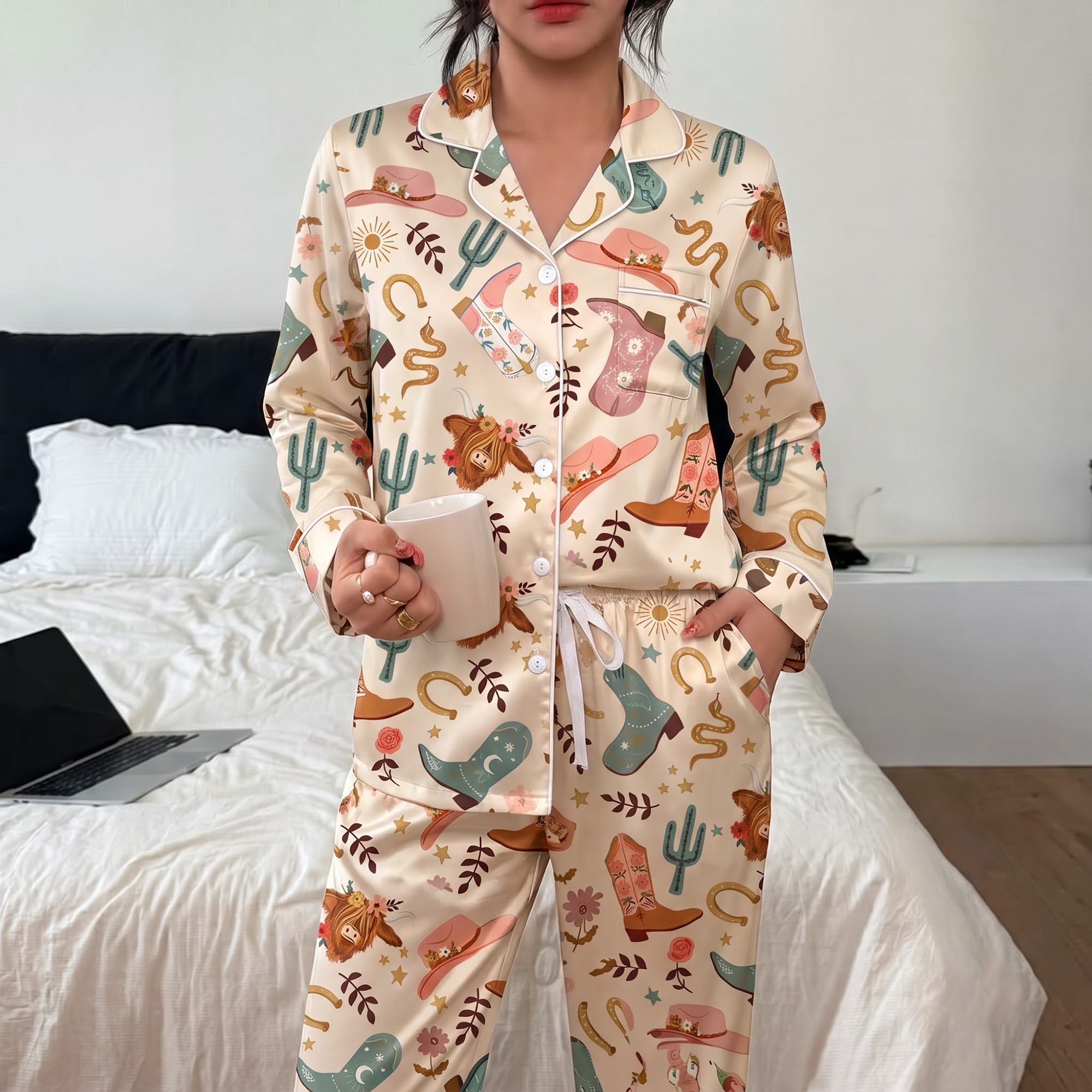 Highland Cow Pajama Set, Western Satin Lounge Set, Desert Cowgirl Sleepwear PJS, Birthday Gift for Her Women