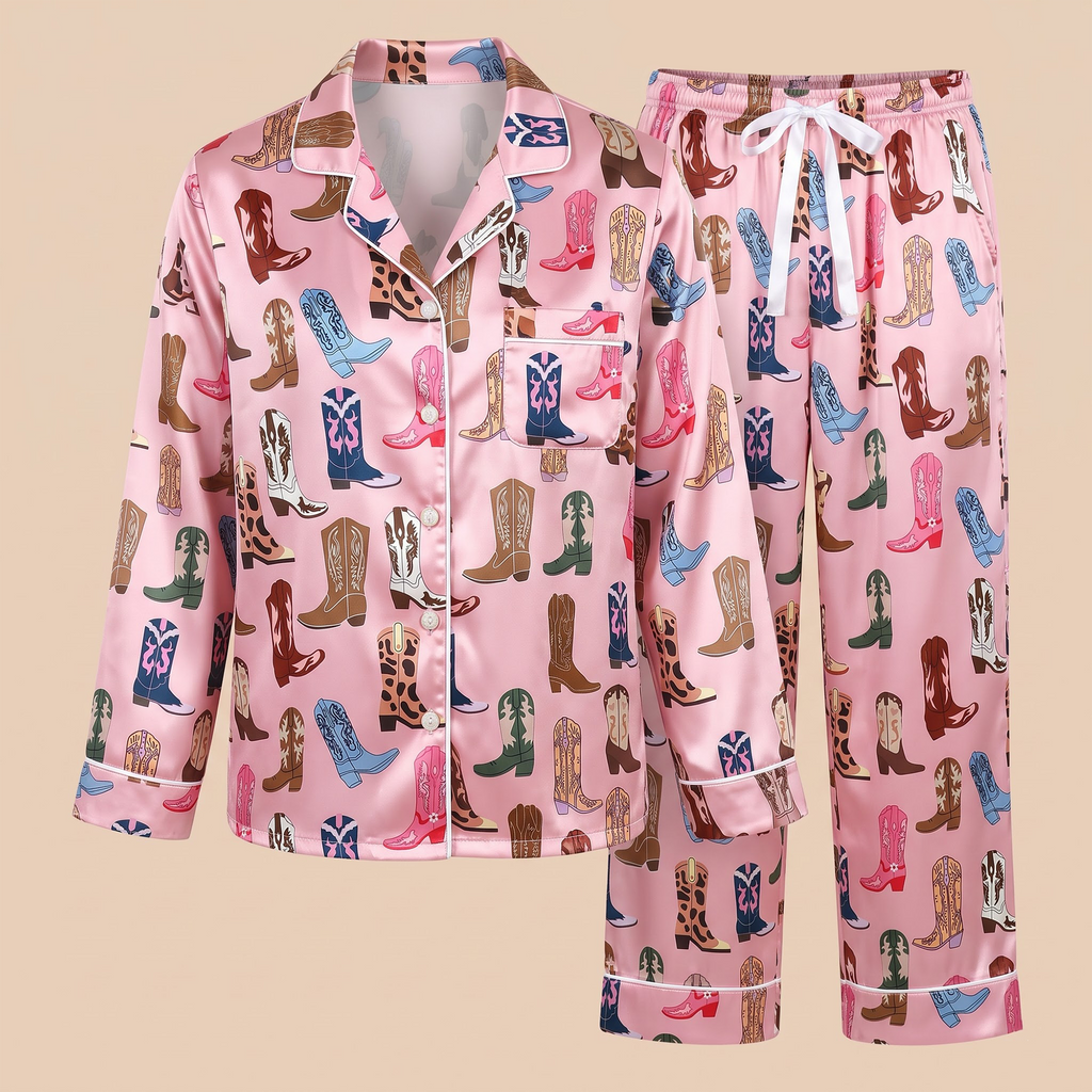 Pink Cowgirl Boots Satin Pajama Set, Western Silk Sleepwear, Country Coastal Cowgirl Lounge Set, Birthday Gift for Her Women
