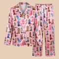Pink Cowgirl Boots Satin Pajama Set, Western Silk Sleepwear, Country Coastal Cowgirl Lounge Set, Birthday Gift for Her Women
