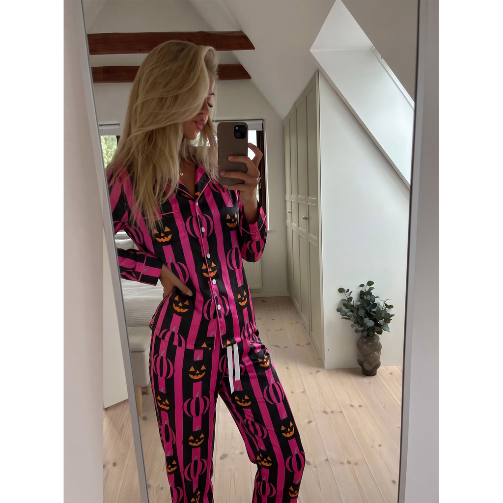 Pink Halloween Satin Pajama Set, Hot Pink Pumpkin Silk Sleepwear, Striped Button Down Pjs, Cute Spooky Gift for Her