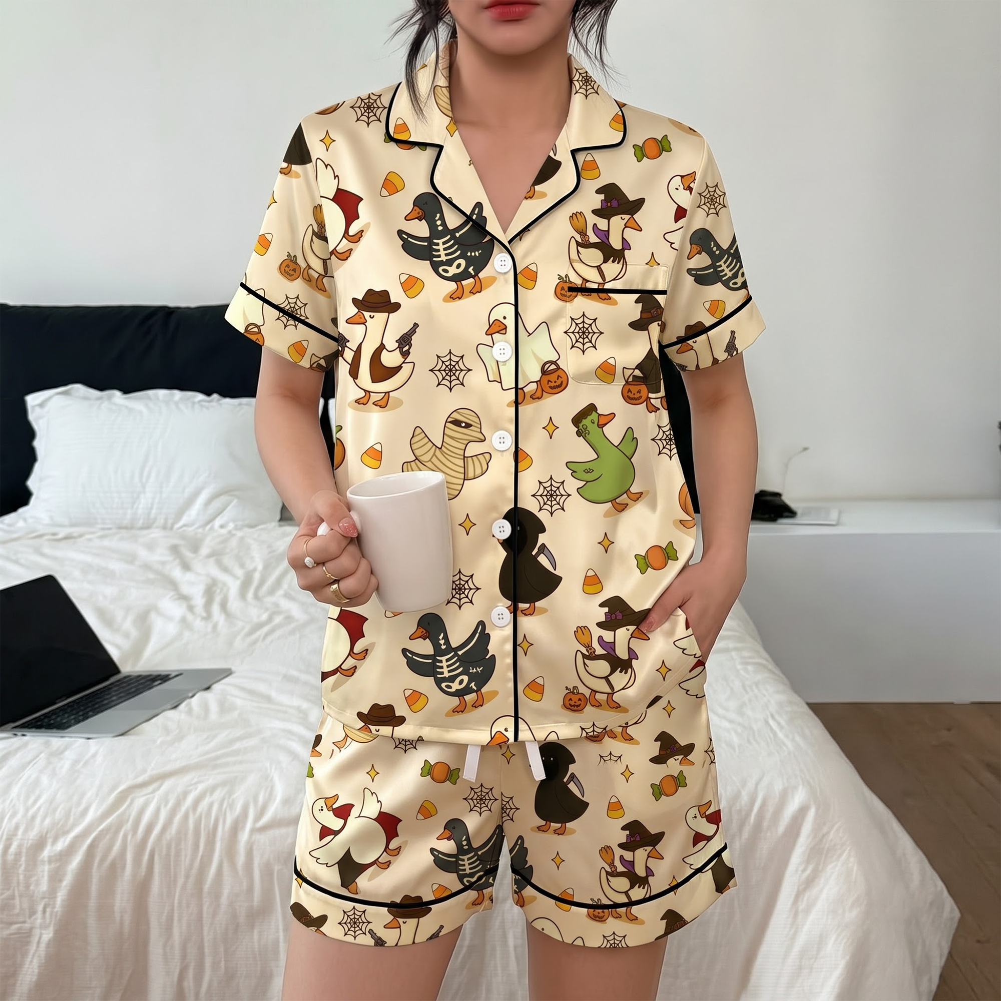 Halloween Duck Pajama Set, Cute Spooky Duck Satin Lounge Set, Funny Costume Ducks Sleepwear PJS, Halloween Gift for Her