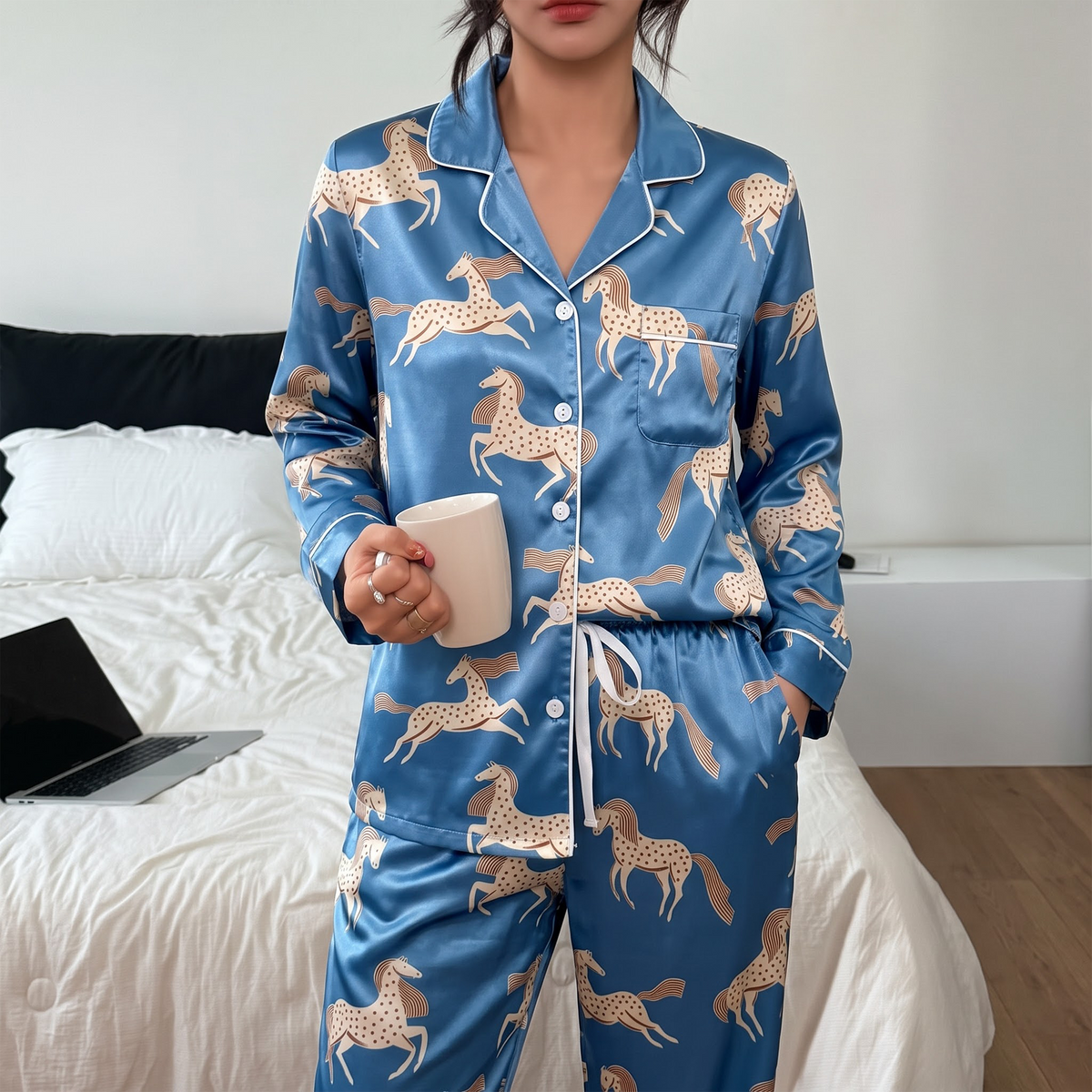 Blue Horse Satin Pajama Set, Equestrian Silk Sleepwear, Wild Mustang Lounge Set, Horse Lover Gift for Her Women