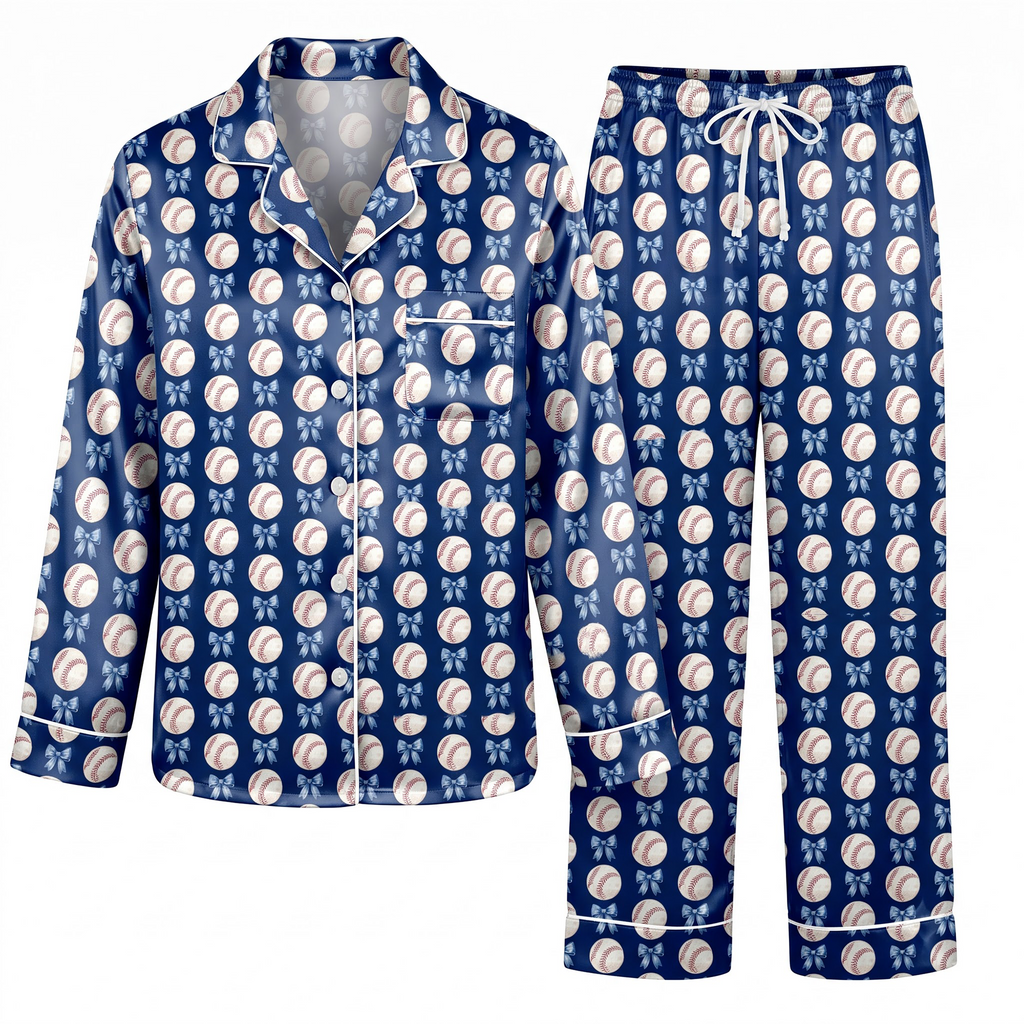 Baseball Pajama Set, Coquette Blue Bow Satin Lounge Set, Baseball Mom Sleepwear PJS, Game Day Gift for Her Women