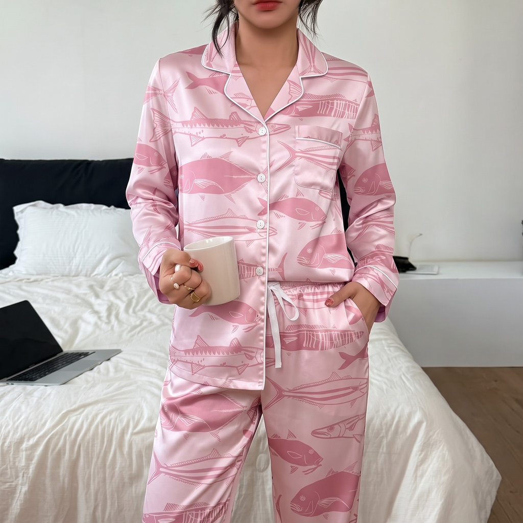 Pink Fish Pajama Set, Coastal Ocean Satin Lounge Set, Preppy Beach Sleepwear PJS, Vacation Gift for Her Women