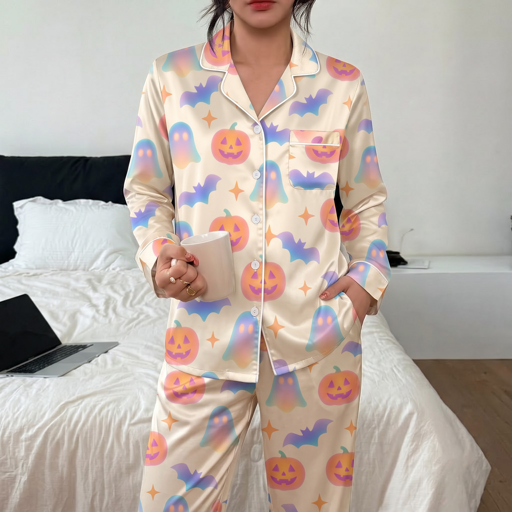 Pastel Halloween Pajama Set, Gradient Ghost Pumpkin Satin Lounge Set, Cute Spooky Sleepwear PJS, Halloween Gift for Her