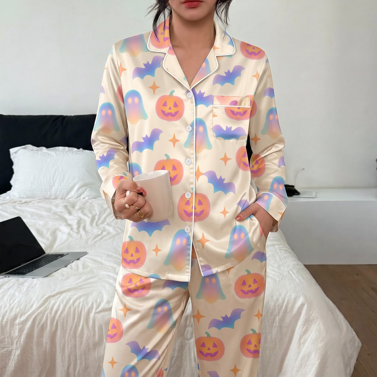 Pastel Halloween Pajama Set, Gradient Ghost Pumpkin Satin Lounge Set, Cute Spooky Sleepwear PJS, Halloween Gift for Her