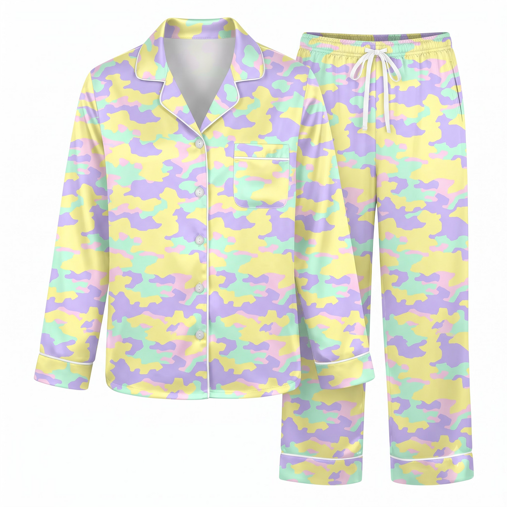 Pastel Camo Satin Pajama Set, Camouflage Silk Sleepwear, Cute Pastel Print Lounge Set, Aesthetic Gift for Her Women