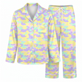 Pastel Camo Satin Pajama Set, Camouflage Silk Sleepwear, Cute Pastel Print Lounge Set, Aesthetic Gift for Her Women