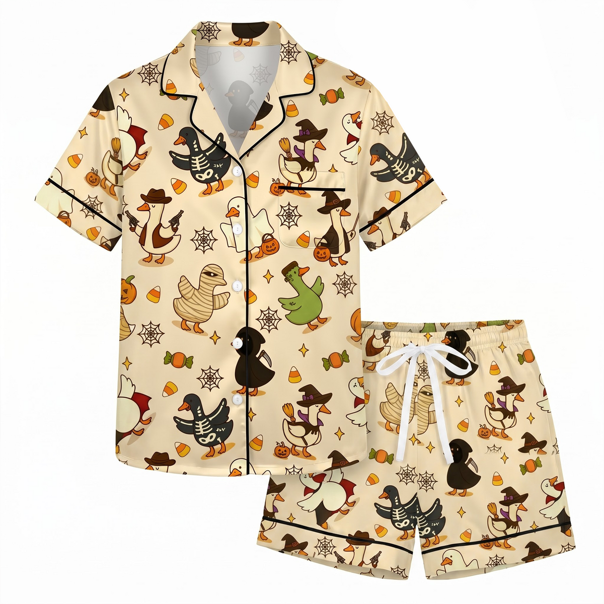 Halloween Duck Pajama Set, Cute Spooky Duck Satin Lounge Set, Funny Costume Ducks Sleepwear PJS, Halloween Gift for Her