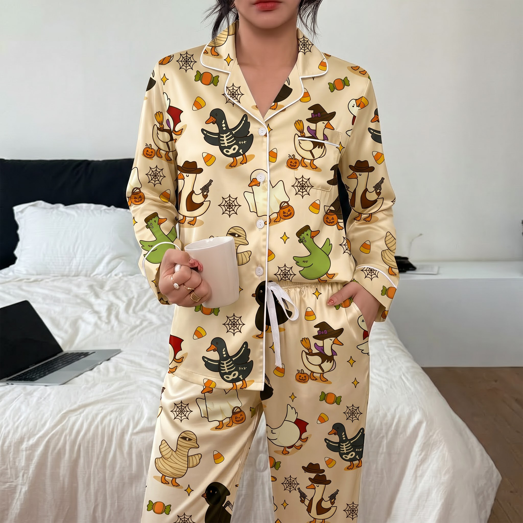 Halloween Duck Pajama Set, Cute Spooky Duck Satin Lounge Set, Funny Costume Ducks Sleepwear PJS, Halloween Gift for Her
