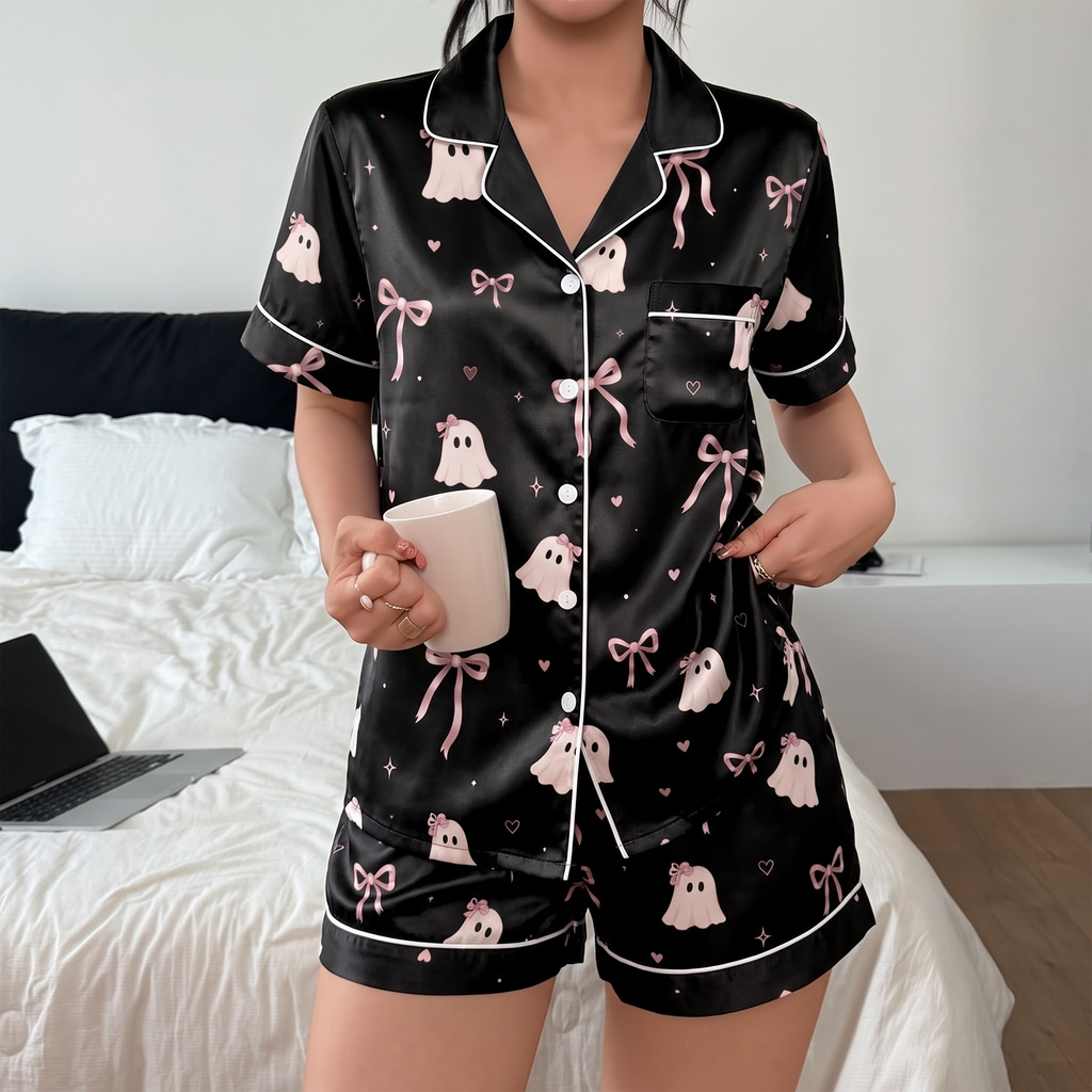 Pink Bow Ghost Pajama Set, Coquette Halloween Satin Lounge Set, Spooky Cute Ghost Sleepwear PJS, Gift for Her Women