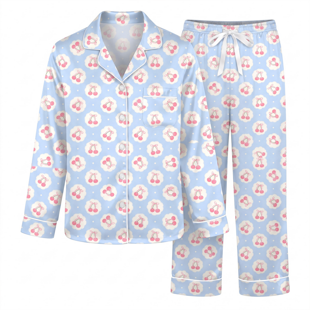 Blue Cherry Pajama Set, Coquette Pink Cherry Satin Lounge Set, Cute Ribbon Cherry Sleepwear PJS, Birthday Gift for Her