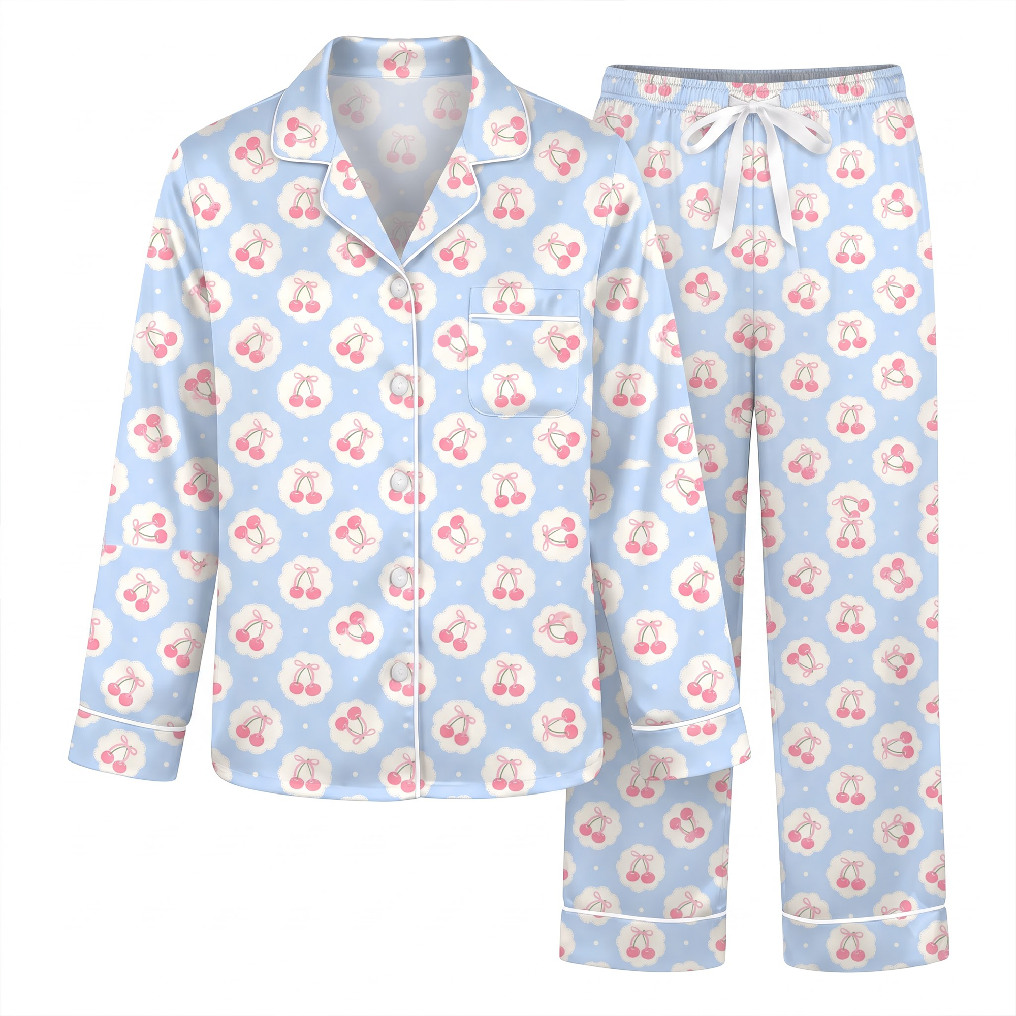 Blue Cherry Pajama Set, Coquette Pink Cherry Satin Lounge Set, Cute Ribbon Cherry Sleepwear PJS, Birthday Gift for Her