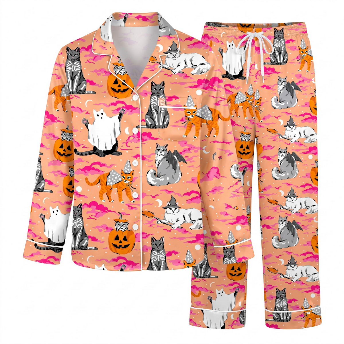 Halloween Cat Satin Pajama Set, Spooky Kitty Pajamas, Pumpkin Ghost Cat PJs, Cute Witch Cat Halloween Sleepwear, Cat Lover Gift