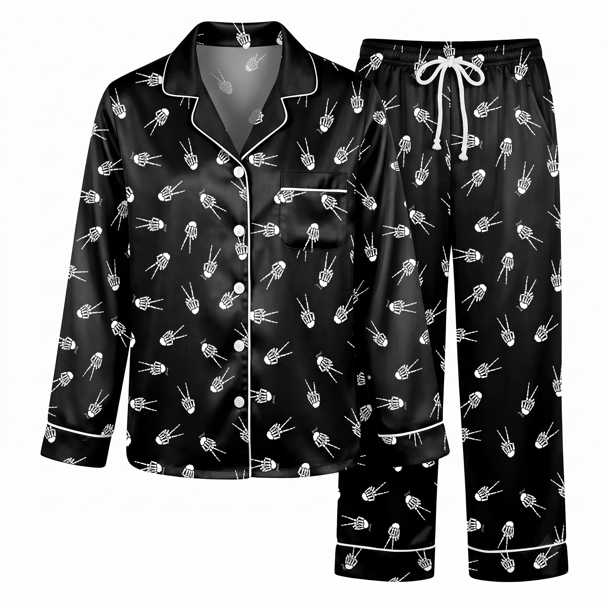 Skeleton Hand Pajama Set, Black Satin Peace Sign Silk PJs, Gothic Spooky Halloween Sleepwear, Gift for Her Wife Girlfriend
