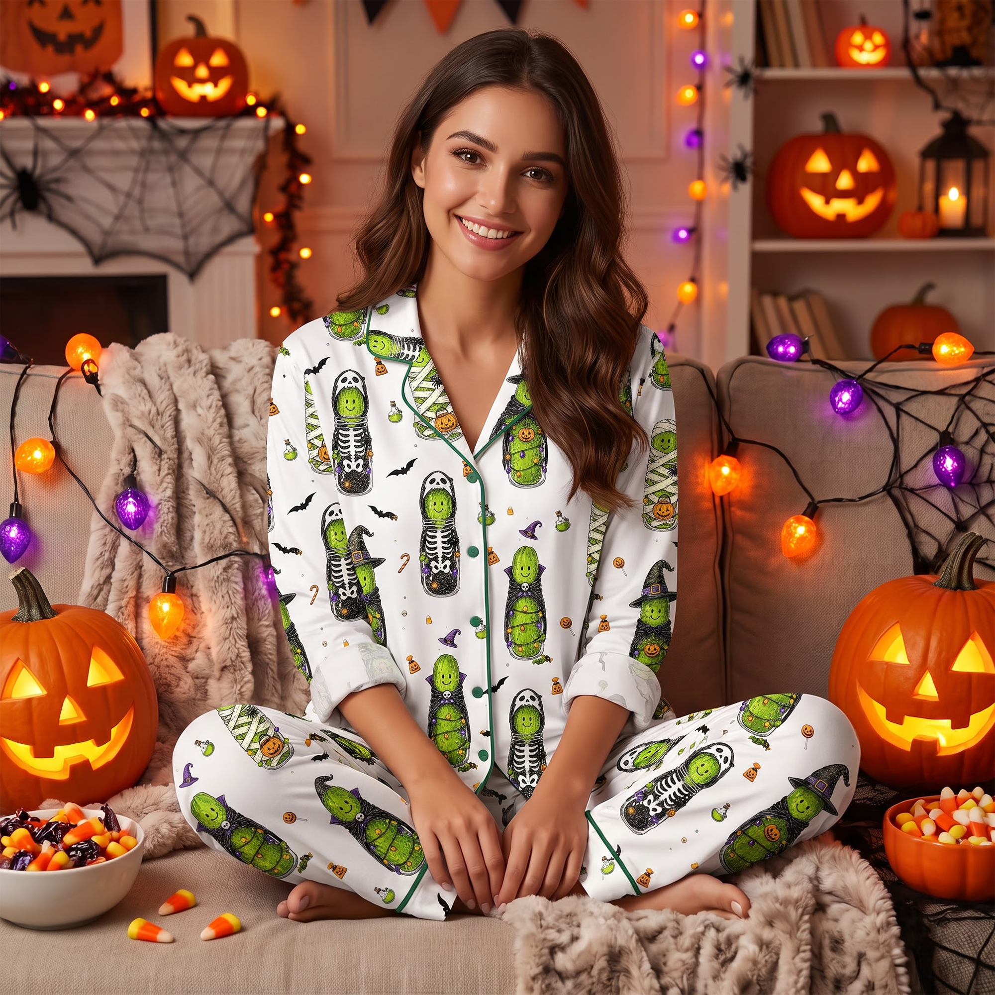 Halloween Pickle Pajama Set, Cute Spooky Women’s Sleepwear, Witch Mummy Skeleton Short PJs, Pickle Lover Gift