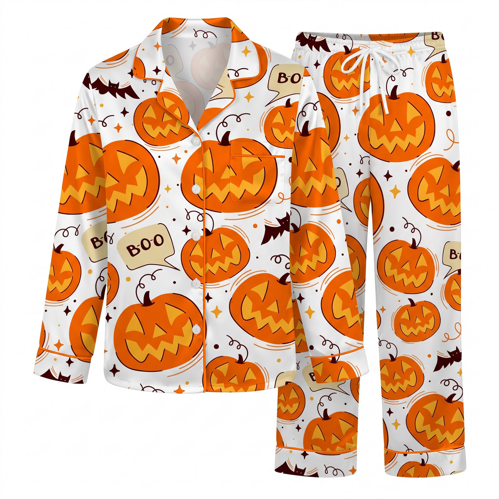 Cute Halloween Pumpkin Satin Pajama Set, Spooky Silk Sleepwear, Pumpkin Jack o Lantern Lounge Wear Set, Gift for Bestie