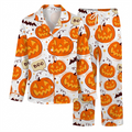 Cute Halloween Pumpkin Satin Pajama Set, Spooky Silk Sleepwear, Pumpkin Jack o Lantern Lounge Wear Set, Gift for Bestie