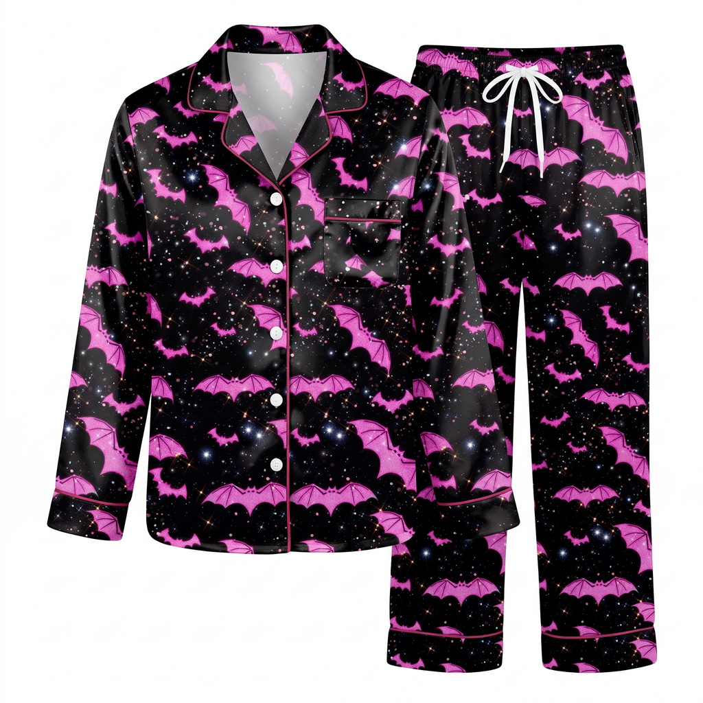 Pink Bat Satin Pajama Set, Sparkly Galaxy Silk Sleepwear, Pastel Goth Lounge Set, Cute Halloween Gift for Her Women