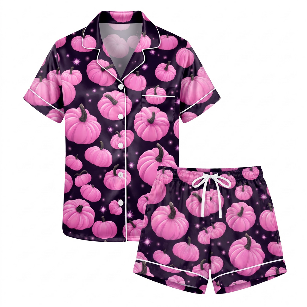 Pink Pumpkin Pajama Set, Dark Purple Satin Spooky Lounge Set, Cute Pink Halloween Sleepwear PJS, Halloween Gift for Her