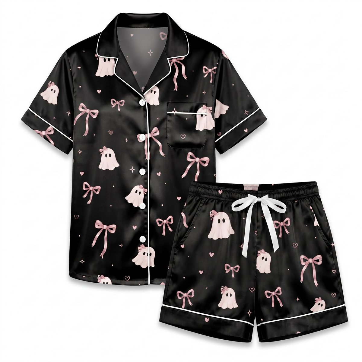 Pink Bow Ghost Pajama Set, Coquette Halloween Satin Lounge Set, Spooky Cute Ghost Sleepwear PJS, Gift for Her Women